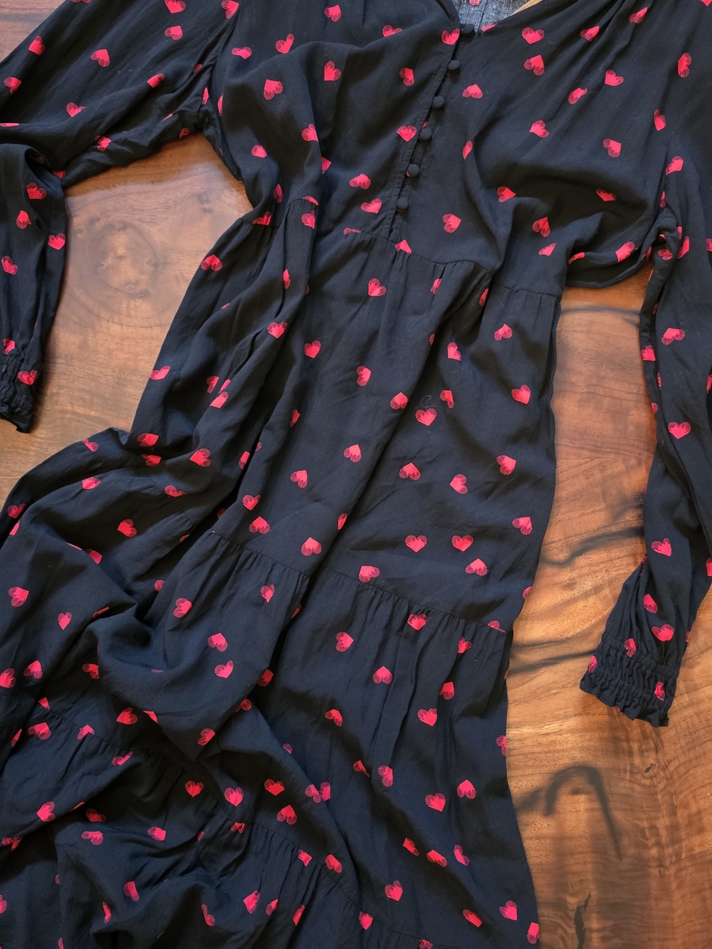 Black Maxi Dress with Pink Heart Print — Women's Long Sleeve Maxi